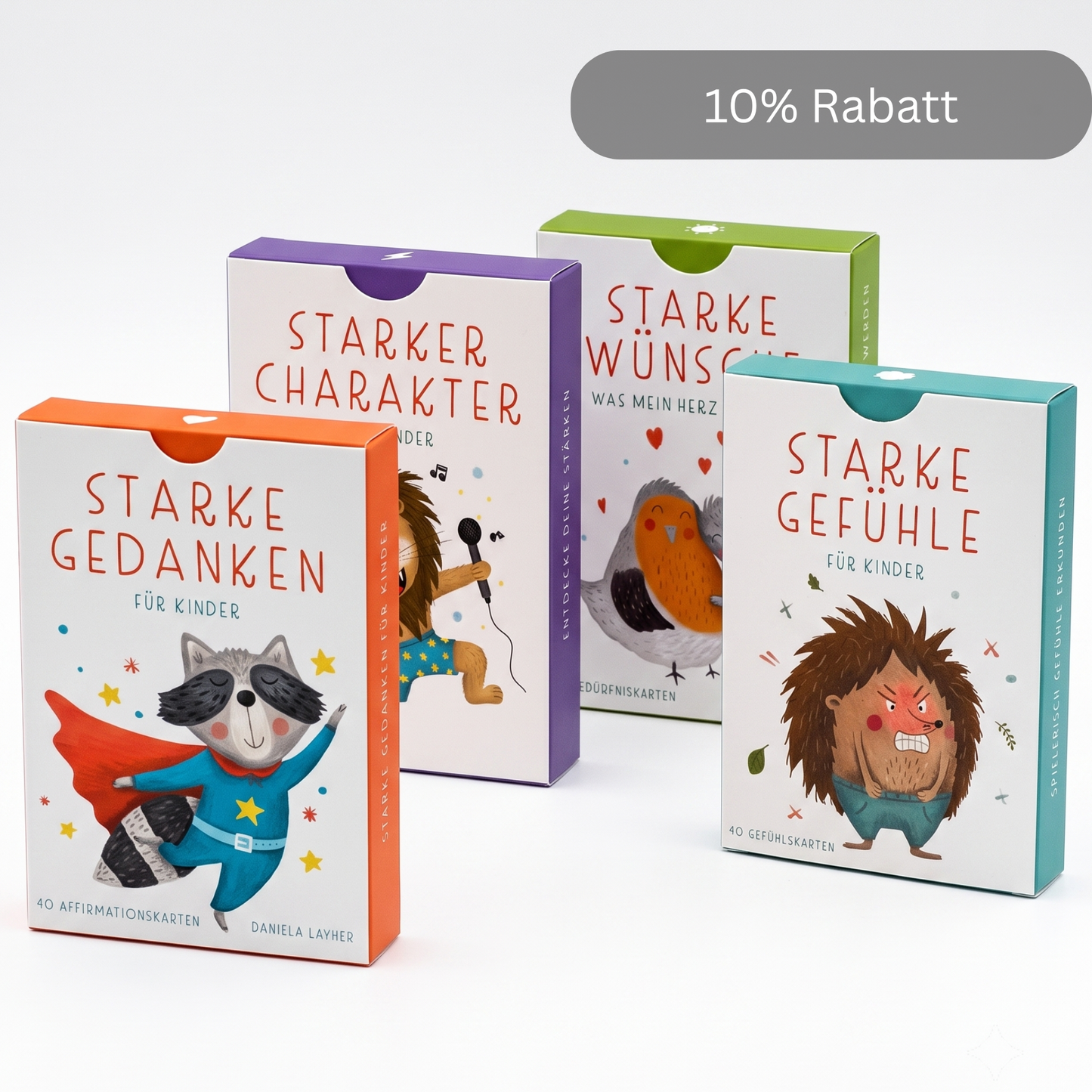 Das vierteilige Kartenset-Bundle Große Alltagshelden zu den Themen Gefühle, Wünsche, Gedanken und Charakterstärken.