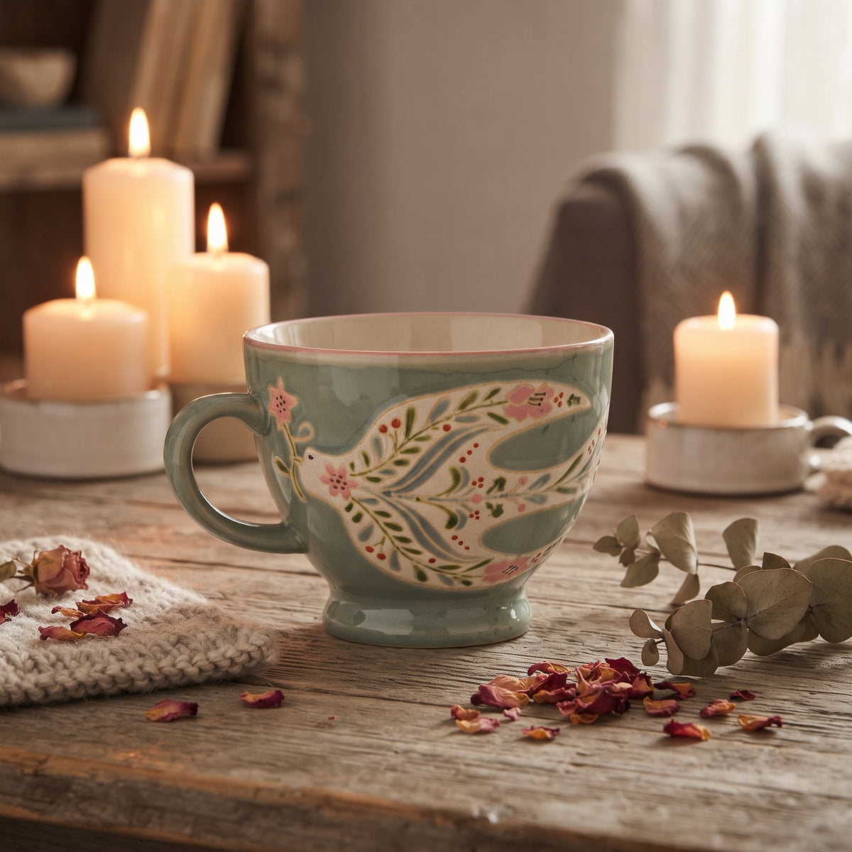 Tasse Rosalynde in blau mit Vogelmuster auf einem alten Esstisch aus Holz mit Kerzen im Hintergrund.