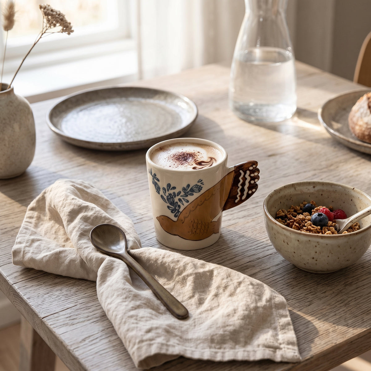Tasse Hezha mit handbemaltem Vogel auf einem Holztisch, der mit Müsli, Brot und Leinenserviette für das Frühstück gedeckt ist.