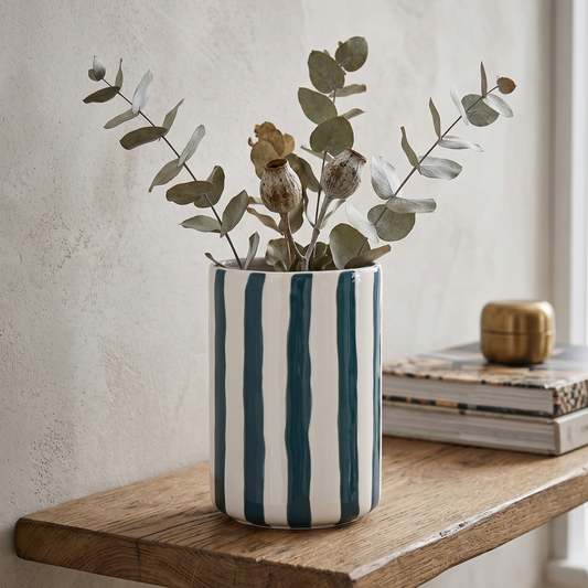 Die minimalistische gestreifte Keramikvase mit getrockneten Zweigen als stilvoller und frischer Blickfang im Wohnbereich