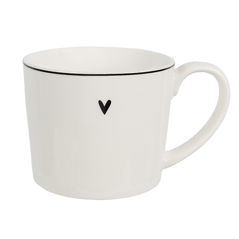 Weiße Keramiktasse mit Henkel und schwarzem Herz (275 ml) in der Gesamtansicht vor hellem Hintergrund.