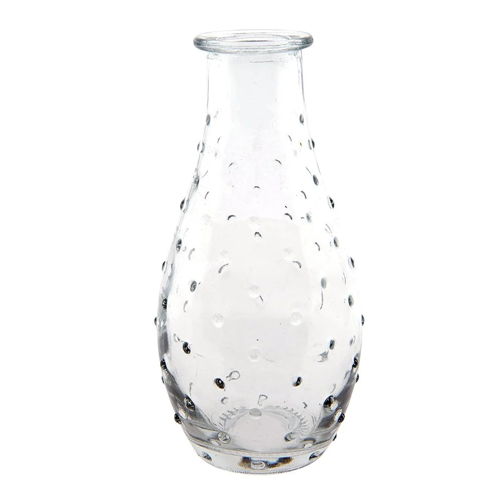Glasvase mit fühlbaren Punkten Ø 7x14 cm in der Gesamtansicht vor hellem Hintergrund.