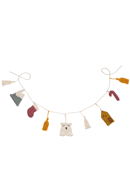 Lange Kinderzimmer-Girlande aus Bio-Baumwolle mit Motiven von Eisbär, Berg und Zuckerstange.