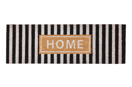 Extra lange, schwarz-weiß gestreifte Kokos-Fußmatte mit dem Aufdruck Home.