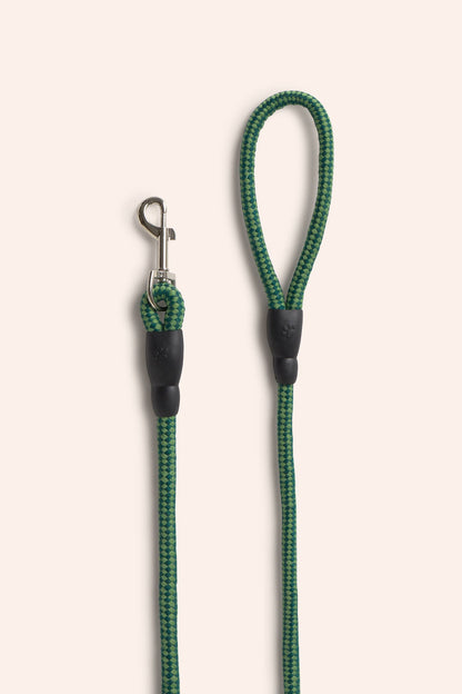 Nahaufnahme des robusten verchromten Karabiners und der engen Flechtstruktur der Leine.