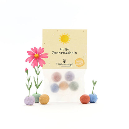 Umweltfreundliche, plastikfreie Papiertüte mit Blumenmurmeln und der Aufschrift „Hallo Sonnenschein“ von Dingeliebe.