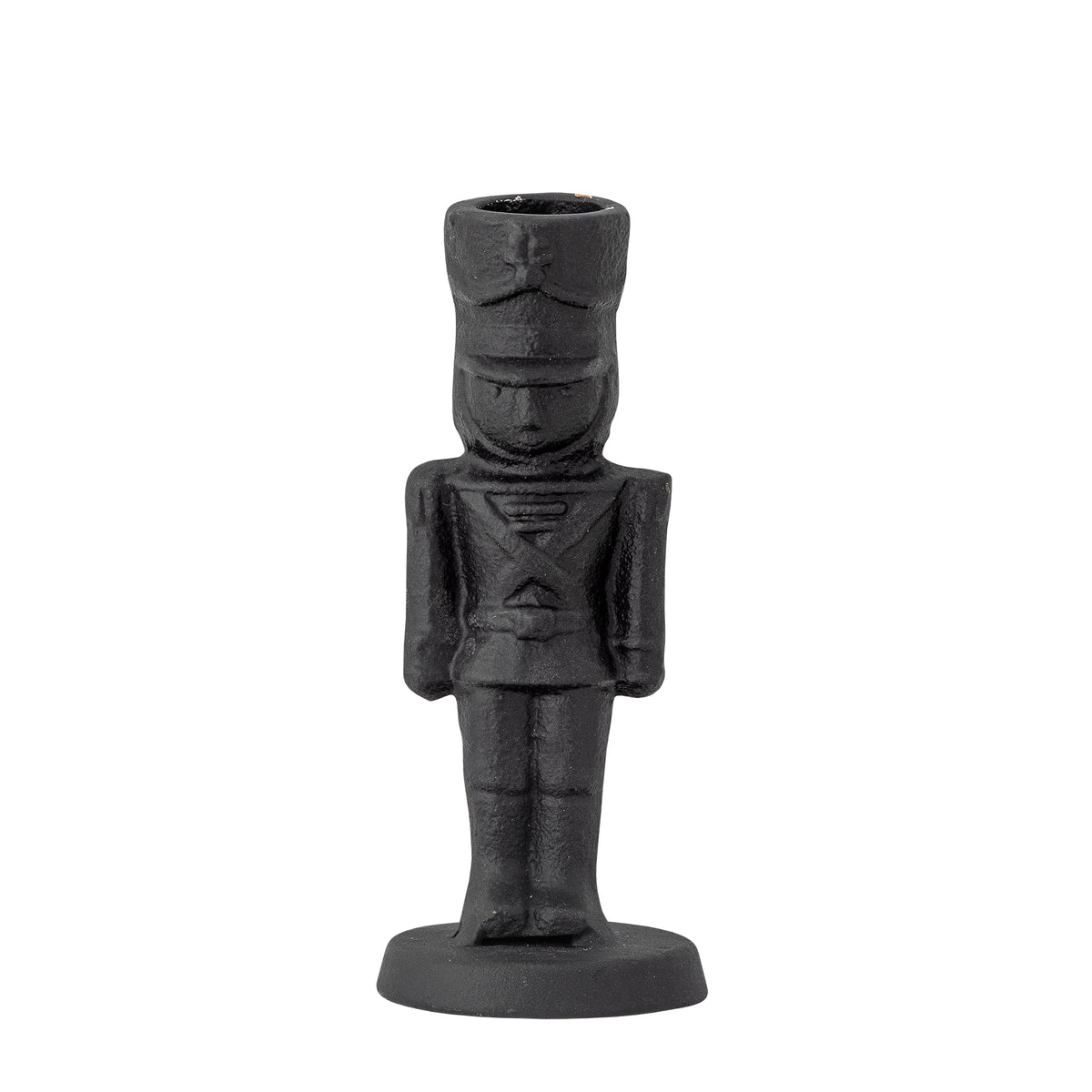 Schwarzer Kerzenhalter Vernon als Soldatenfigur aus Gusseisen in der Gesamtansicht vor hellem Hintergrund.