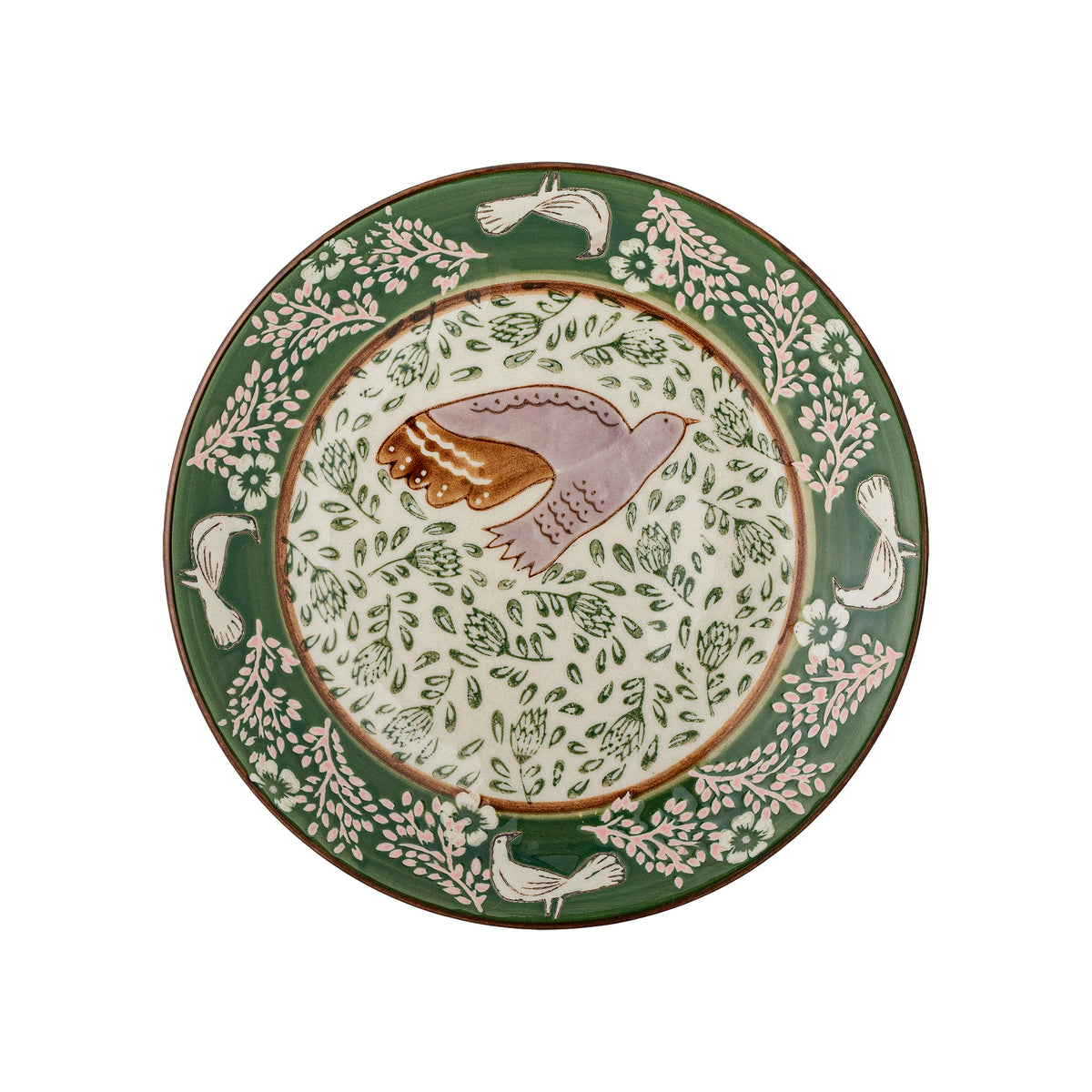 Teller Hezha aus Steingut mit handbemaltem Muster in der Gesamtansicht vor hellem Hintergrund.