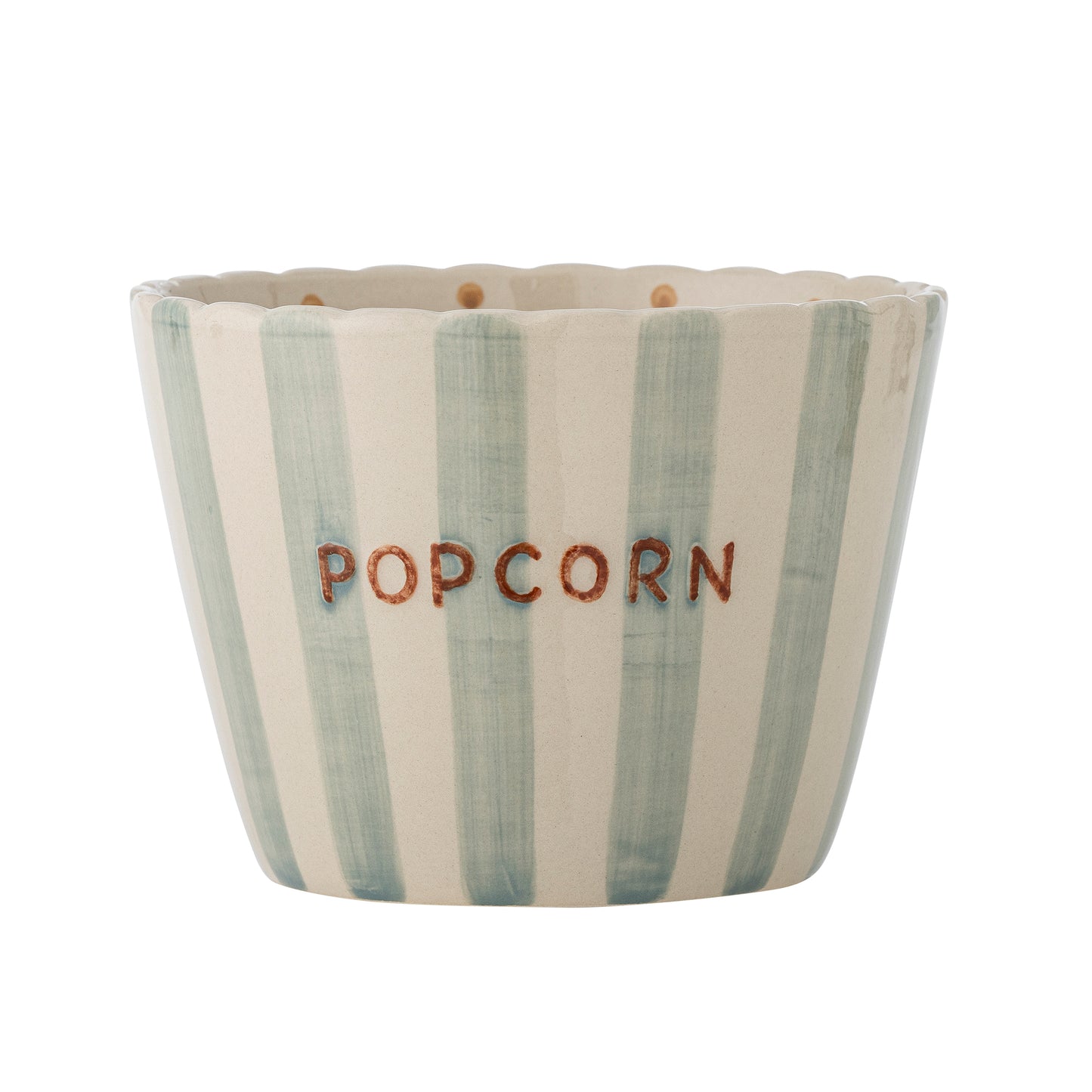 Große Popcorn-Schale aus Steingut mit Streifen außen und Punkten im Inneren.
