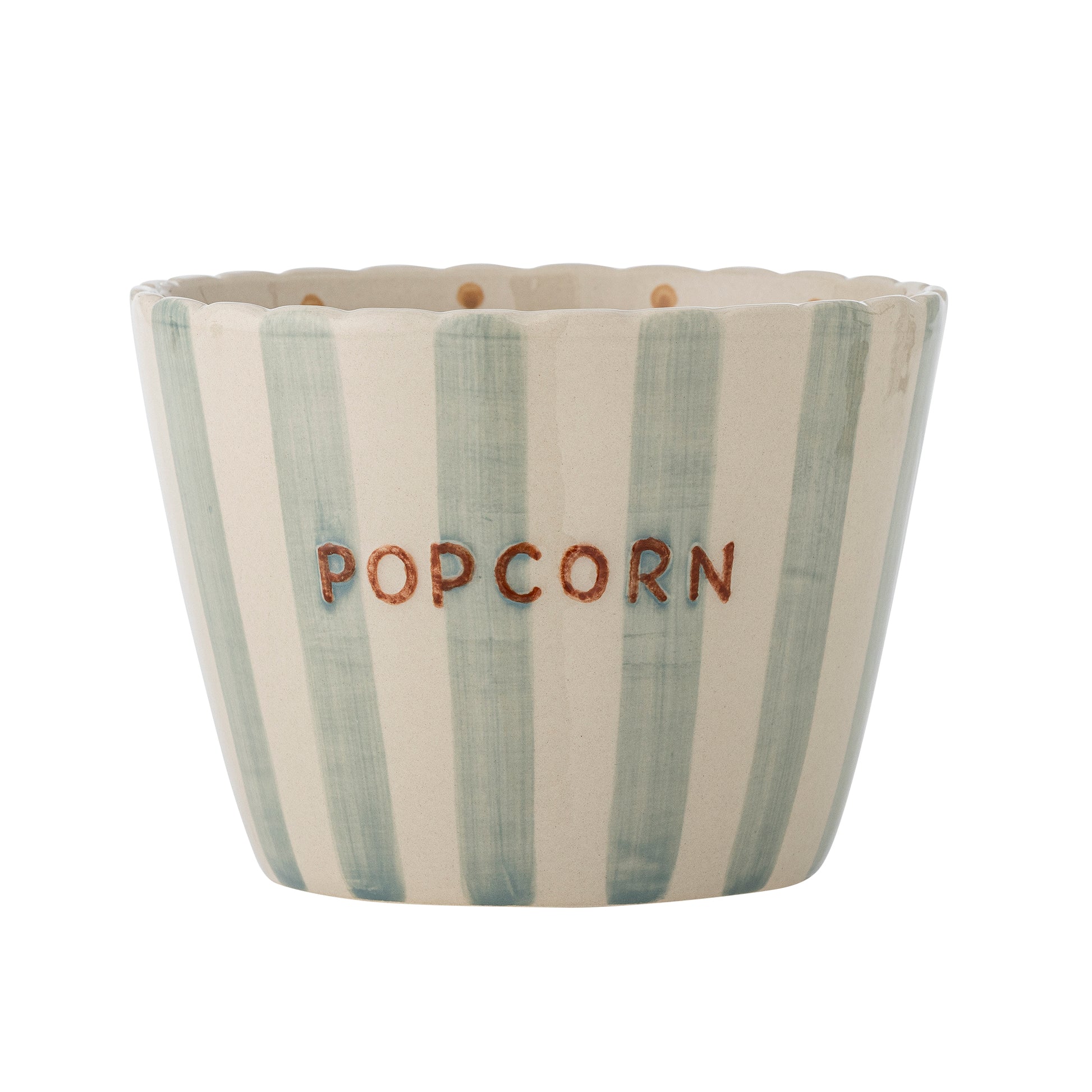 Große Popcorn-Schale aus Steingut mit Streifen außen und Punkten im Inneren.