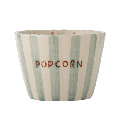 Große Popcorn-Schale aus Steingut mit Streifen außen und Punkten im Inneren.