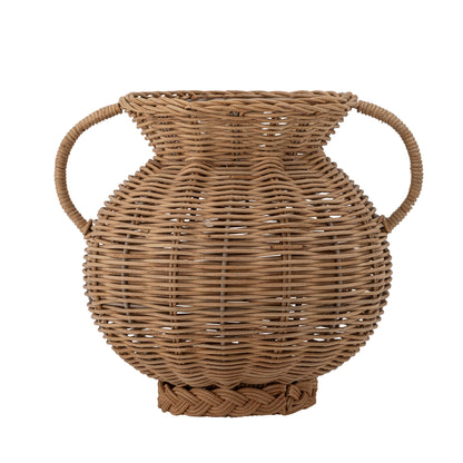 Bauchige Rattan-Vase in Natur mit zwei seitlichen Henkeln und stabilem Eisenrahmen.