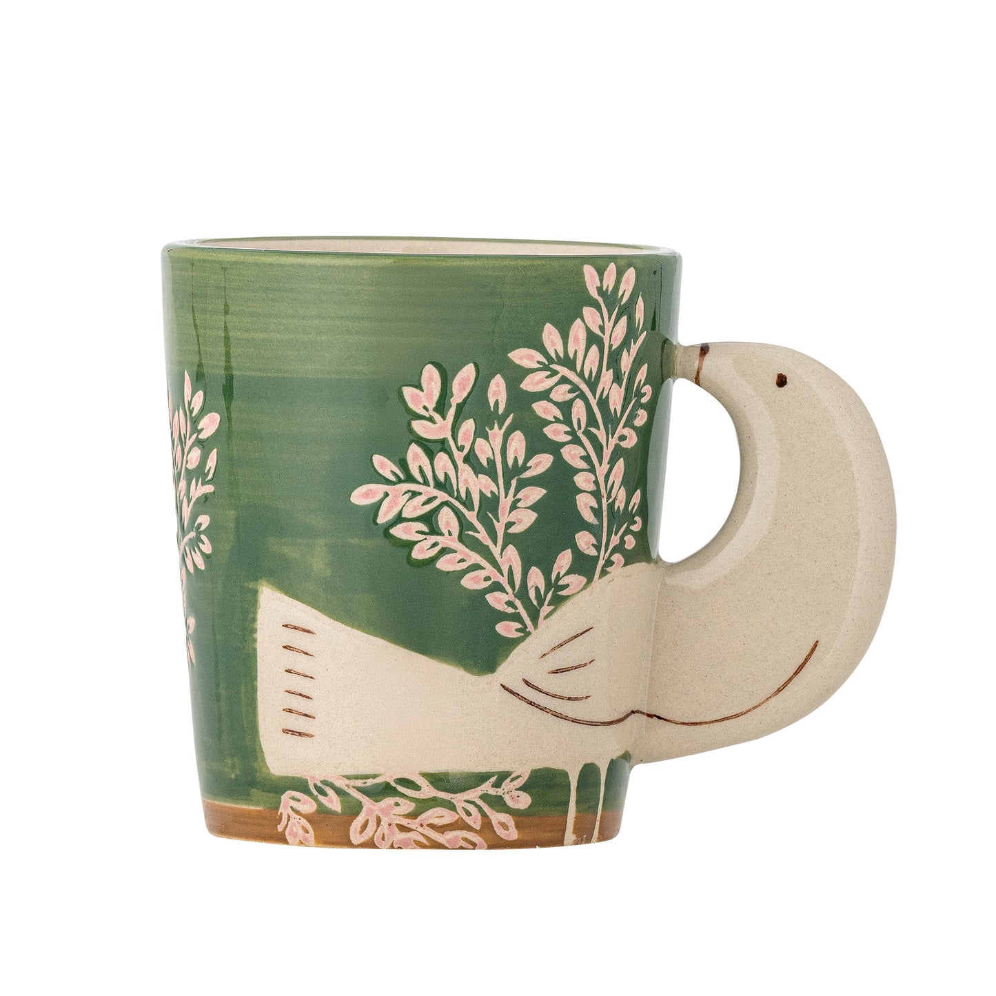 Grüne Steingut-Tasse Hezha mit handbemalten hellen Zweigen und einem Henkel in Vogelform.