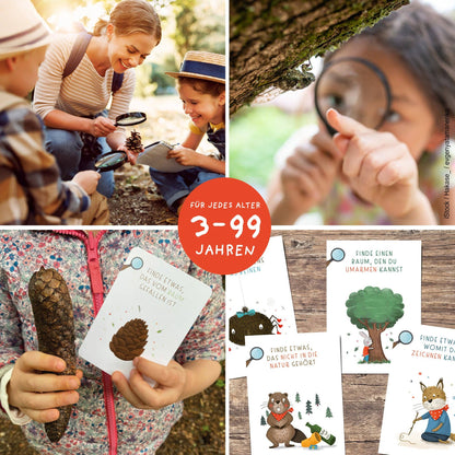 Das interaktive Entdeckerkartenset für Kinder spielerisch im Einsatz bei einer spannenden Schatzsuche in der Natur.