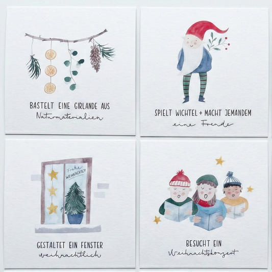 Adventskalender Gemeinsame Zeit bestehend aus 24 quadratischen Karten mit Aquarell-Illustrationen.