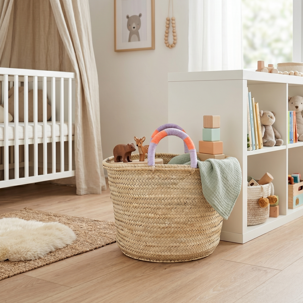 Die minimalistische Palmblatt-Tasche, befüllt mit Kinder-Spielzeug, als stilvoller Aufbewahrungskorb in einem Kinderzimmer platziert.