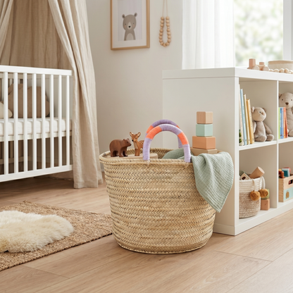 Die minimalistische Palmblatt-Tasche, befüllt mit Kinder-Spielzeug, als stilvoller Aufbewahrungskorb in einem Kinderzimmer platziert.
