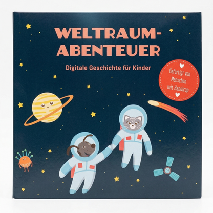 Liebevoll gestaltete Deko-Schallplatte aus 100% recyceltem Papier im klassischen Vinyl-Design mit integriertem QR-Code für ein digitales Kindermärchen Weltraum-Abenteuer.
