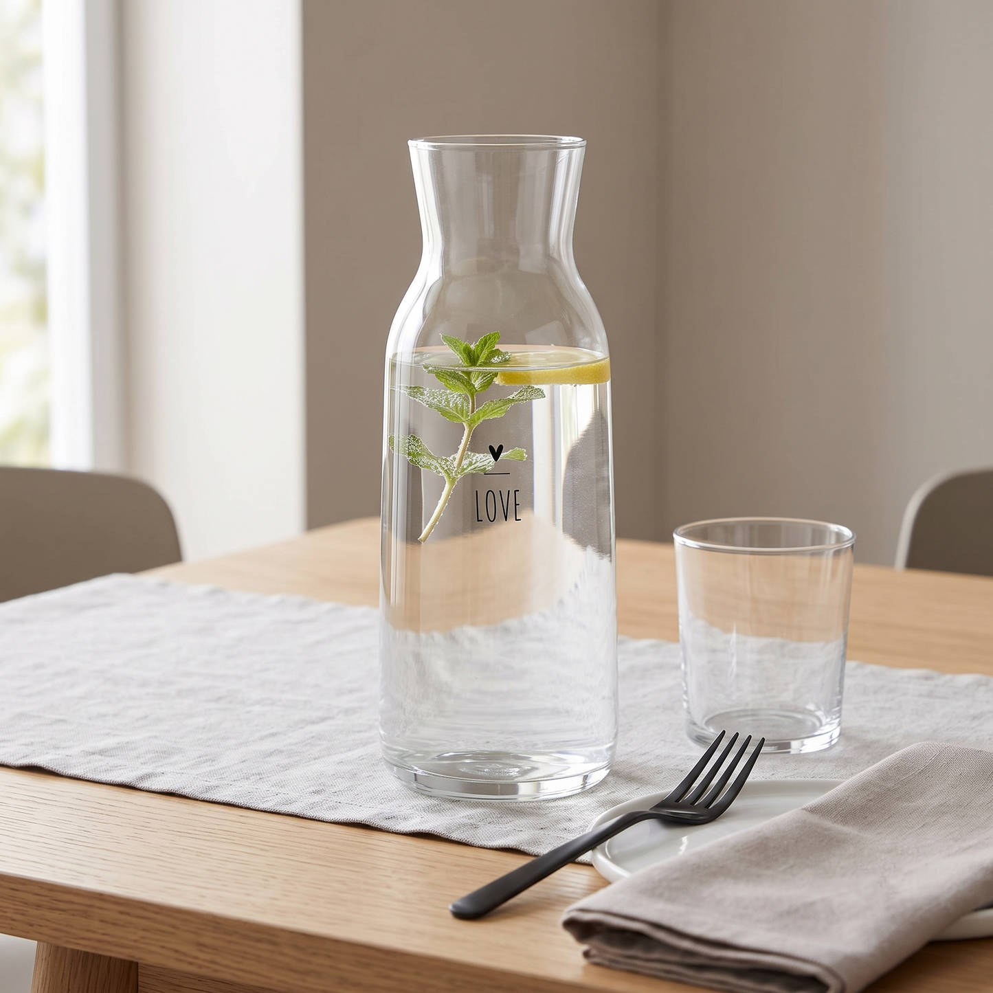 Transparente Glaskaraffe mit frischem Wasser, einer Zitronenscheibe und Minze liebevoll dekoriert auf einem gedeckten Esstisch.