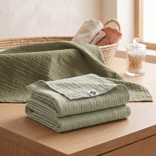 Die minimalistischen Gaze-Handtücher in Salbeifarben als stilvolles und funktionales Accessoire im Badezimmer auf einer Holzablage.