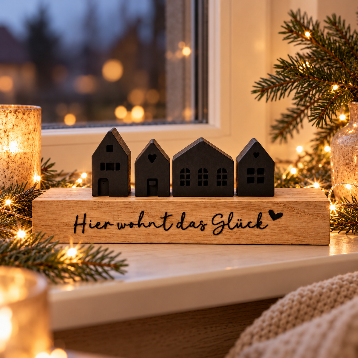 Skandi-Holzdeko mit kleinen Häuschen und Botschaft stimmungsvoll dekoriert auf einer Fensterbank neben einer Kerze und Tannenzweigen.
