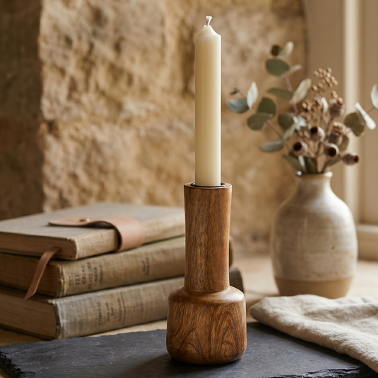 Der zeitlose Holz-Kerzenhalter als natürlicher und gemütlicher Lichtblick im Wohnbereich.