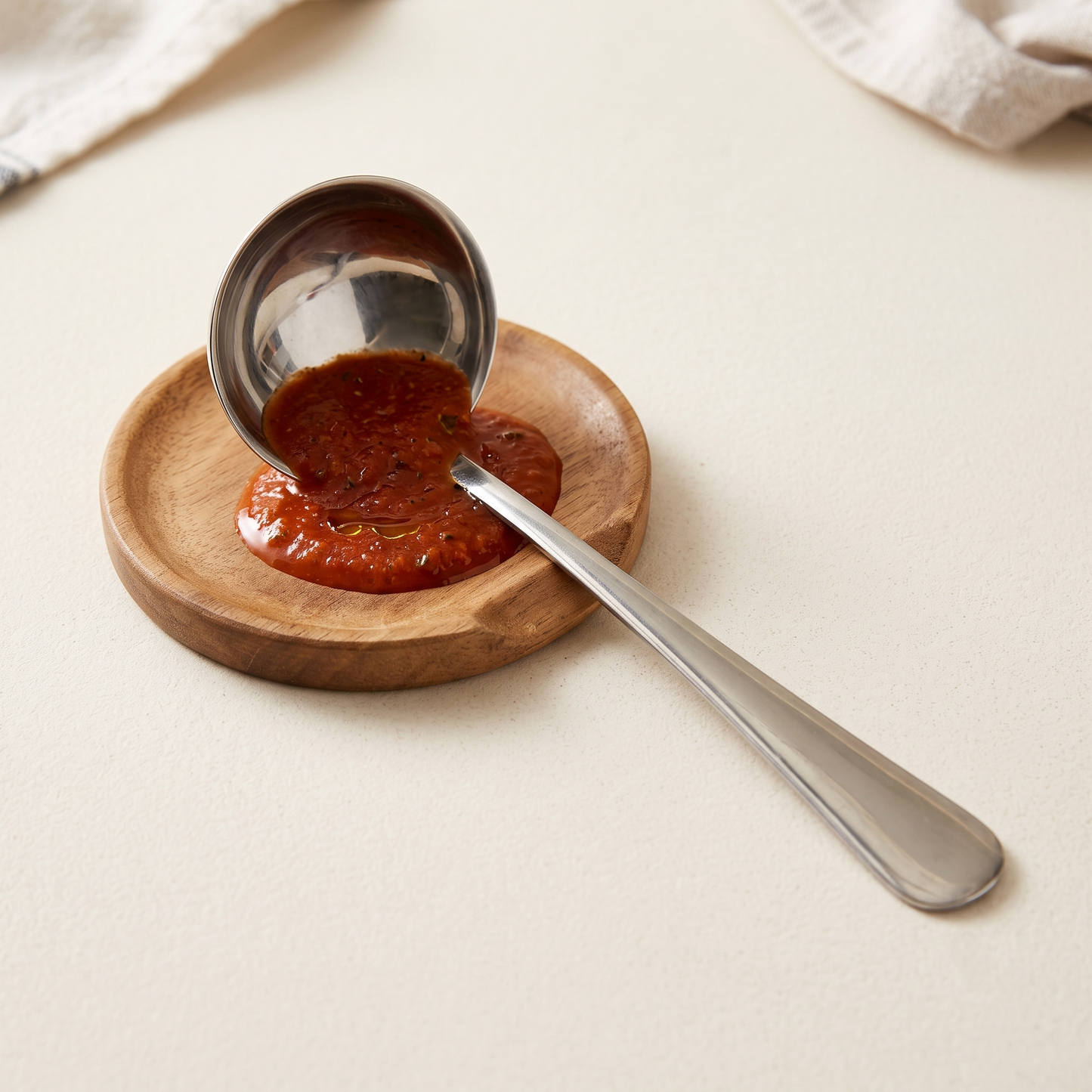 Der Teakholz-Löffelhalter auf einem hellen Tisch mit abgelegter Suppenkelle und aufgefangener Tomatensoße.