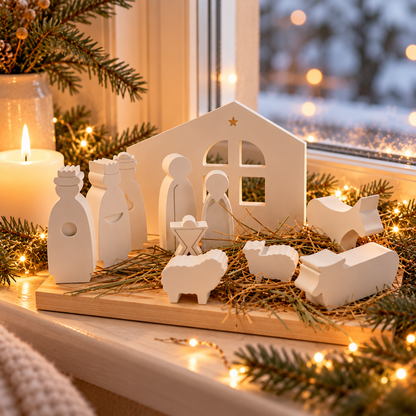 Moderne Weihnachtskrippe mit Häuschen skandinavisch dekoriert auf einer Fensterbank neben Tannenzweigen und Kerzenschein.