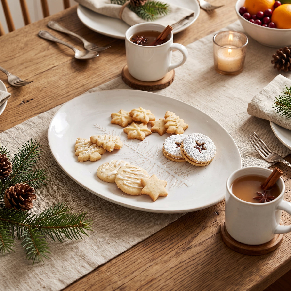 Weihnachts-Servierplatte in Tannenbaum-Form dekoriert mit Plätzchen auf einem festlich gedeckten Holztisch mit Leinen-Tischläufer.