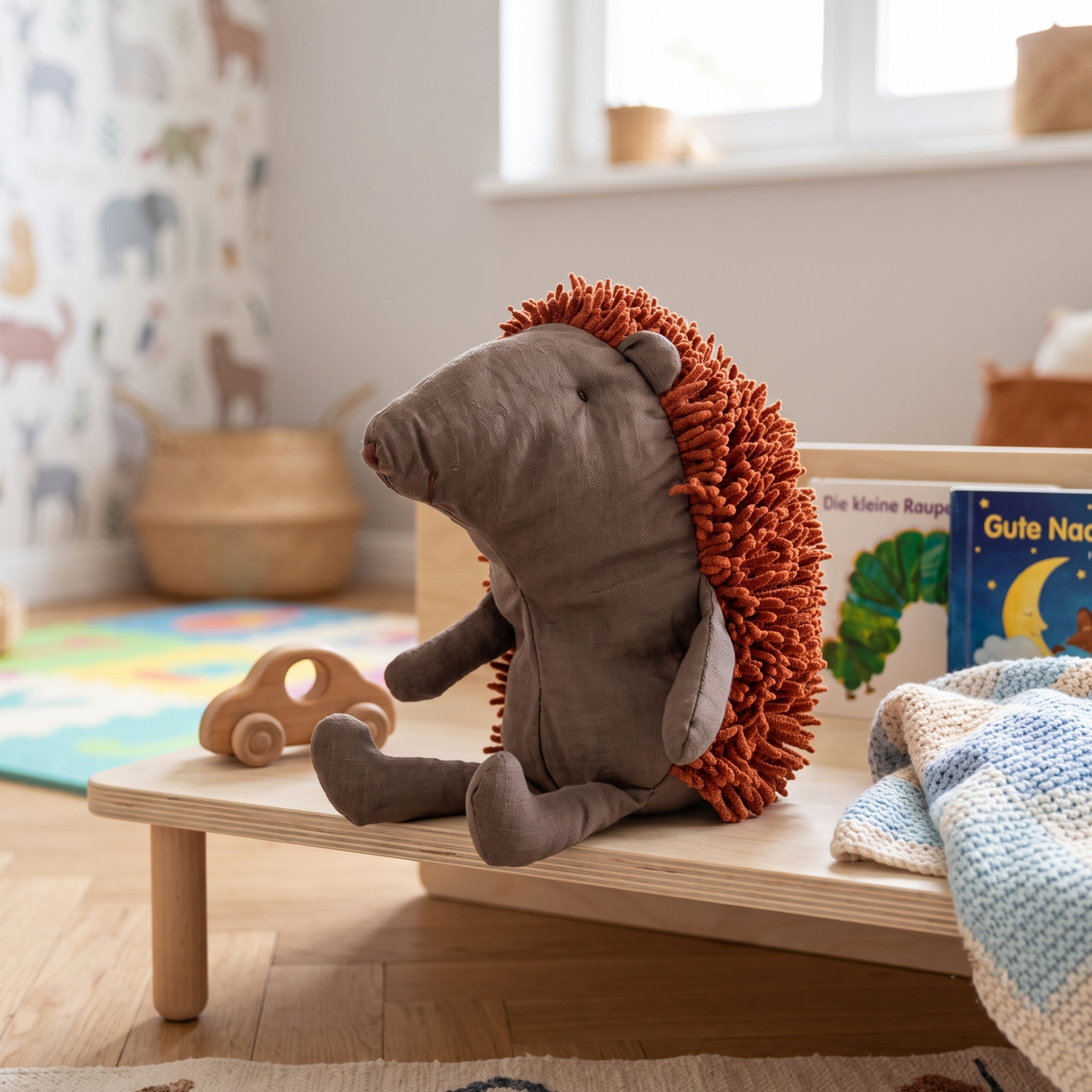 Der minimalistische Kuschel-Igel dekorativ und gemütlich platziert auf einem kleinen Holztisch im Kinderzimmer.