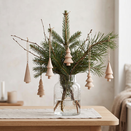 Die kleinen Holz-Tannenbäume stimmungsvoll an Tannenzweigen in einer Vase für eine minimalistische, skandinavische Winterdekoration arrangiert.