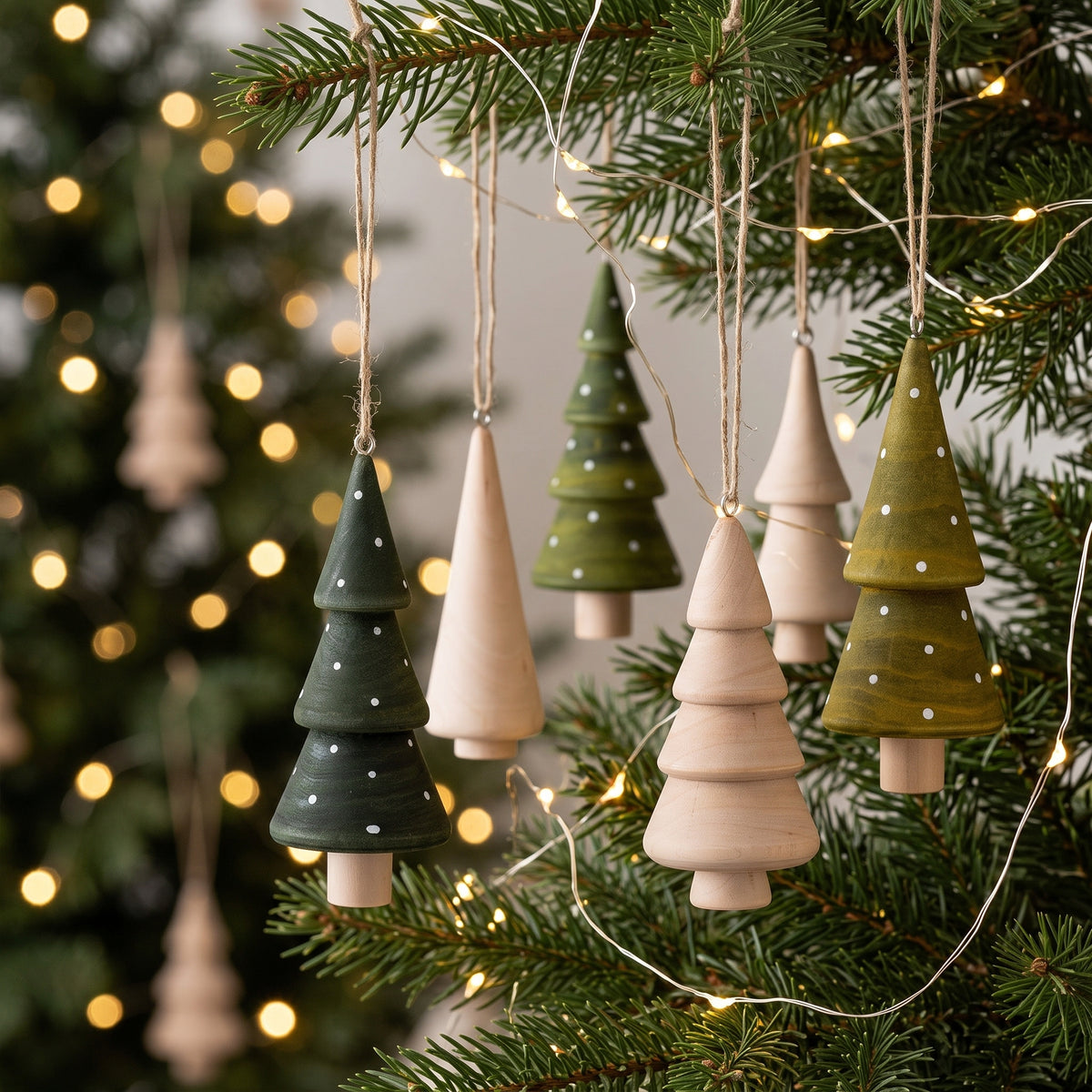 Die kleinen Holz-Tannenbäume stimmungsvoll an Tannenzweigen an einem Christbaum arrangiert und mit einer Lichterkette geschmückt.