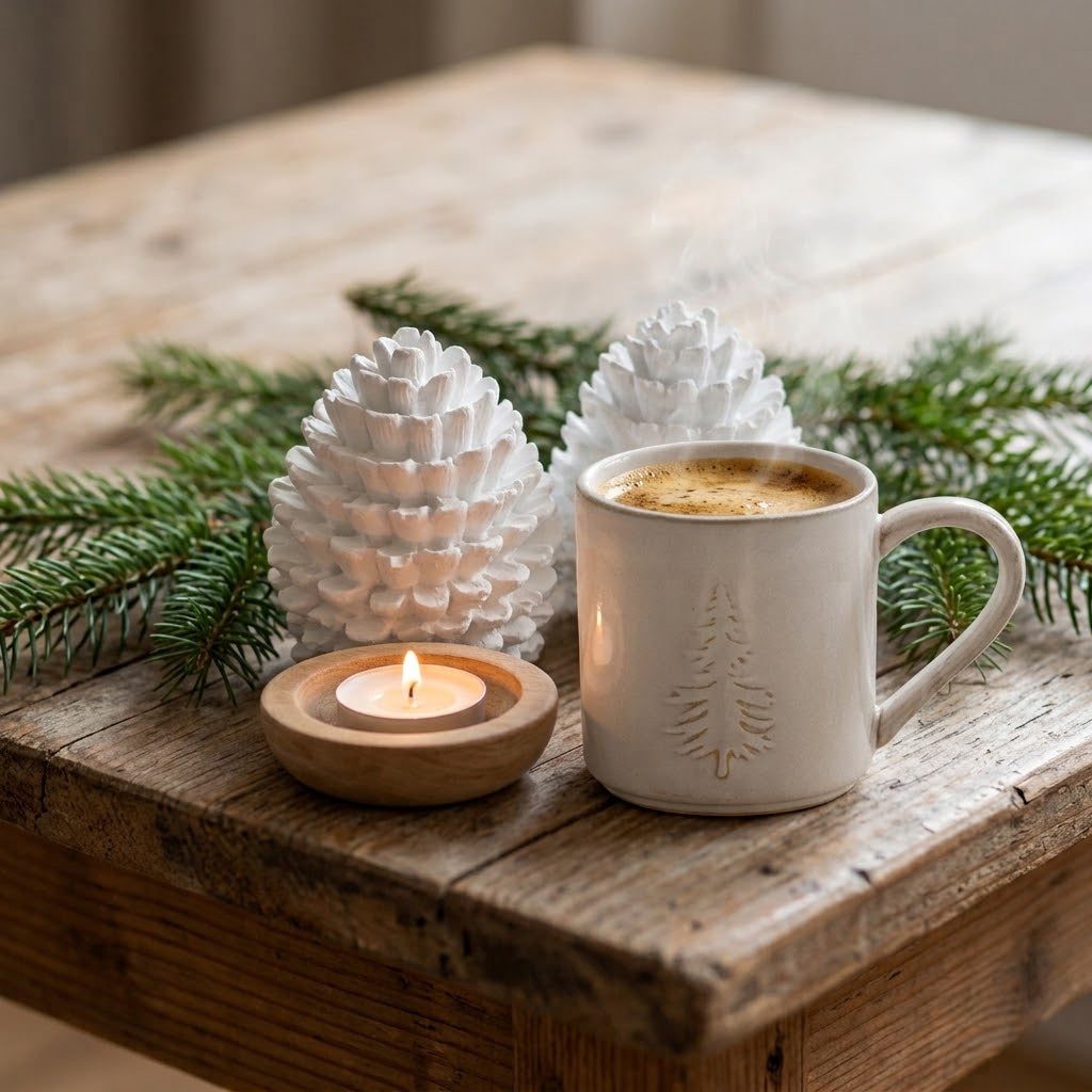 Weiße handgegossene Tannenzapfen auf einem rustikalen Holztisch neben Tannenzweigen, einer weißen Tasse mit Tannenbaum-Motiv und einem brennenden Teelicht.