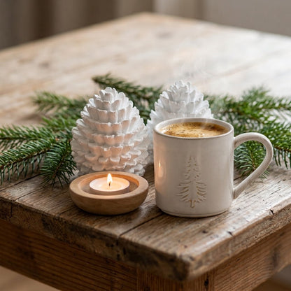 Weiße handgegossene Tannenzapfen auf einem rustikalen Holztisch neben Tannenzweigen, einer weißen Tasse mit Tannenbaum-Motiv und einem brennenden Teelicht.