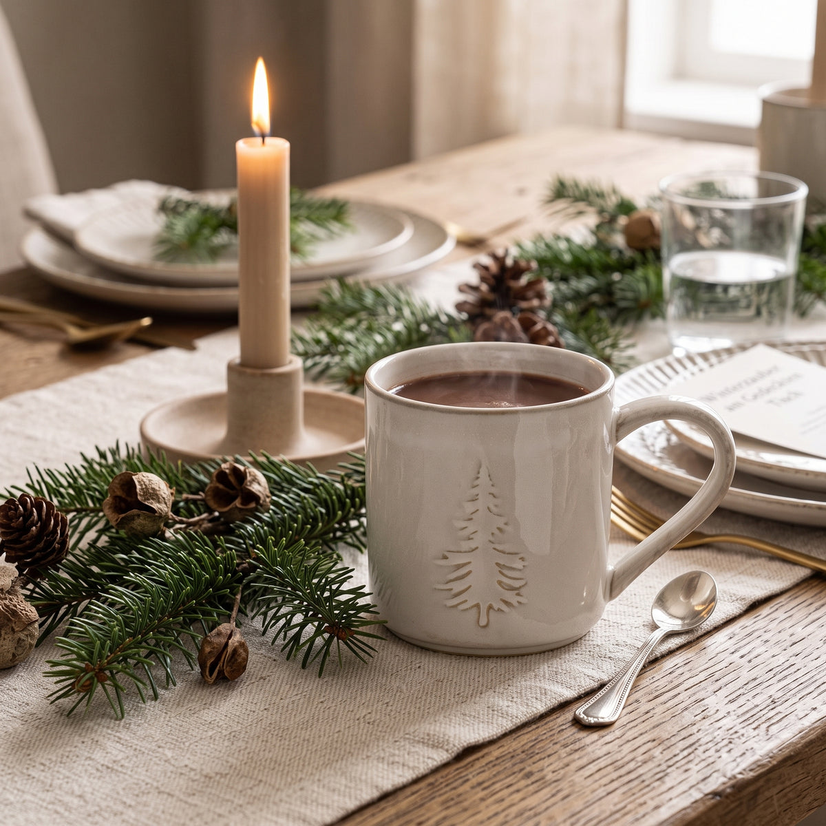 Gedeckter Wintertisch mit der Tasse Tannenbaum neben Tannenzweigen und einer brennenden Kerze im natürlichen Skandi-Look.