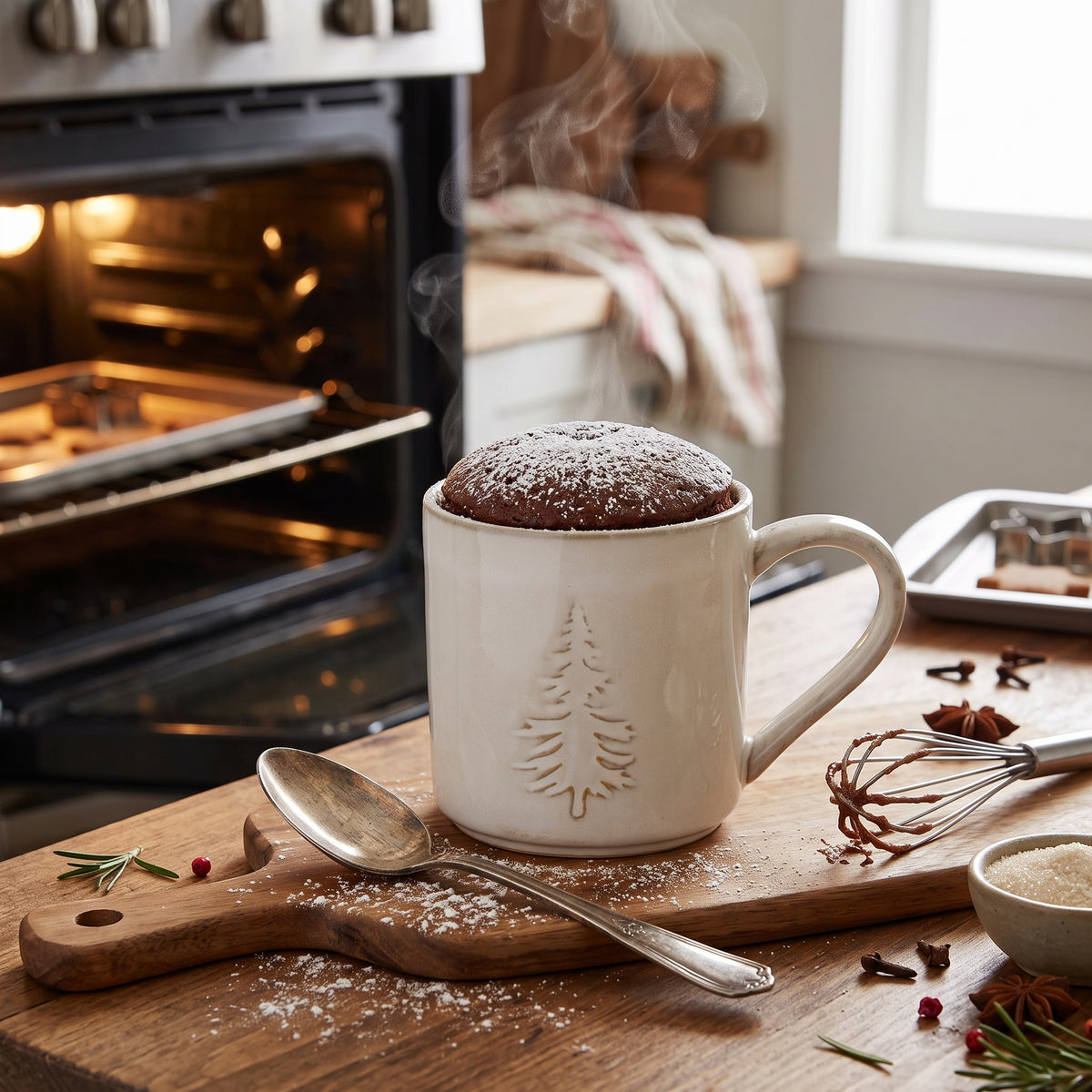 Die Tasse mit Tannenbaummuster als kleine Backform für weihnachtliche Tassenkuchen mit Puderzucker aus dem Ofen.