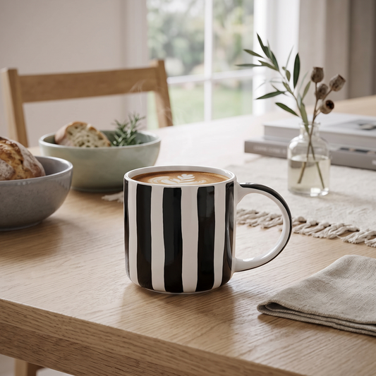 Die minimalistische gestreifte Keramiktasse gefüllt mit Kaffee und Milchschaum für einen stilvollen Start in den Tag.