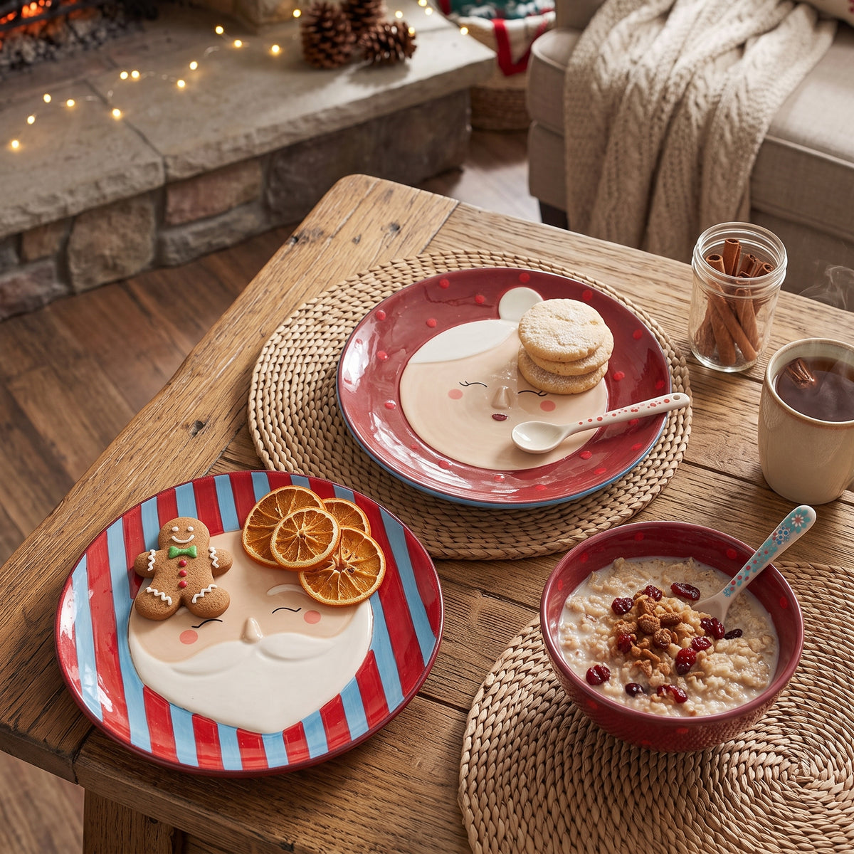 Die weihnachtlichen Steingutteller Granny dekoriert mit Plätzchen und einem Lebkuchenmann auf einem gemütlichen Holztisch im Wohnzimmer mit Kamin und Weihnachtsdeko im Hintergrund.