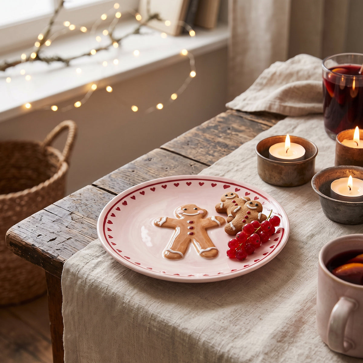 Der Teller Binna mit liebevollen Lebkuchen- und Herz-Details auf einem gemütlich gedeckten Holztisch, dekoriert mit kleinen Lebkuchen-Plätzchen.