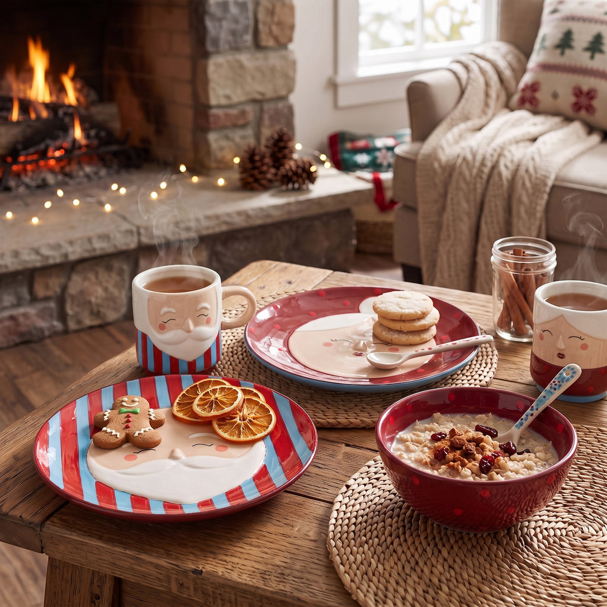 Die weihnachtlichen Steingutteller Granny dekoriert mit Plätzchen und Orangenscheiben auf einem gemütlichen Holztisch im Wohnzimmer mit Kamin und Weihnachtsdeko im Hintergrund.