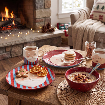 Die weihnachtlichen Steingutteller Granny dekoriert mit Plätzchen und Orangenscheiben auf einem gemütlichen Holztisch im Wohnzimmer mit Kamin und Weihnachtsdeko im Hintergrund.