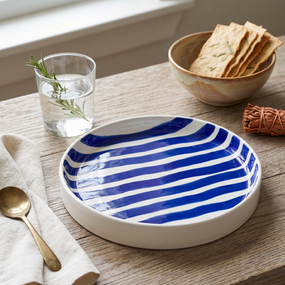 Der minimalistische gestreifte Keramikteller als zeitloses und edles Accessoire beim Essen.