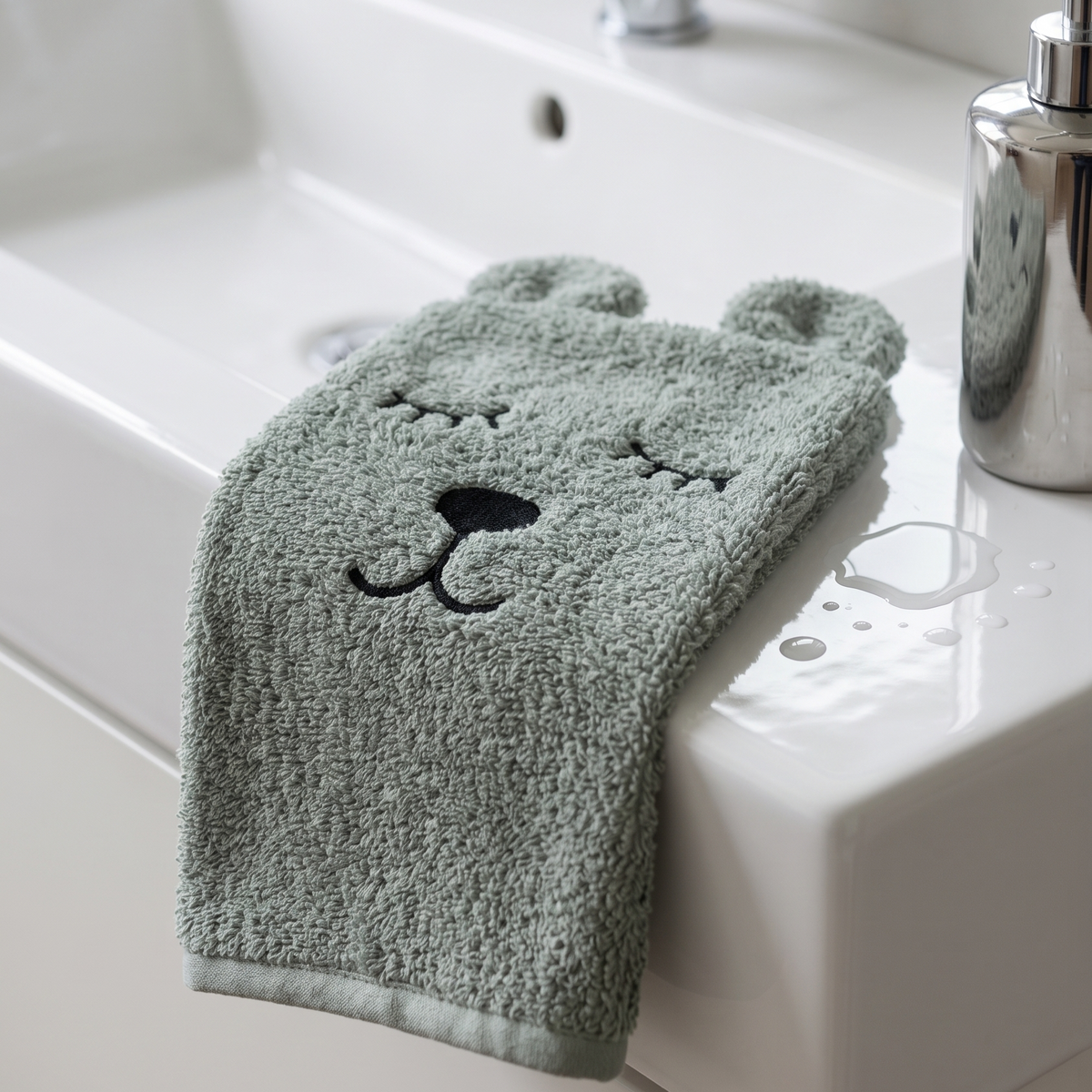 Der minimalistische Eisbär-Waschlappen dekorativ platziert auf einem weißen Waschbecken im Badezimmer.