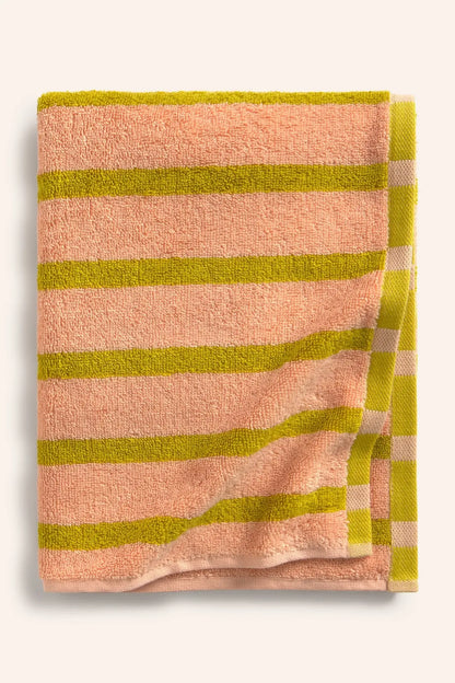 Hochwertiges Baumwoll-Handtuch Saturno mit Streifen in Rosa und Limettengrün.