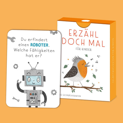 Gesprächskarten-Set Erzähl doch mal für Kinder mit handgezeichneten Illustrationen und Anleitung in einer Faltschachtel.
