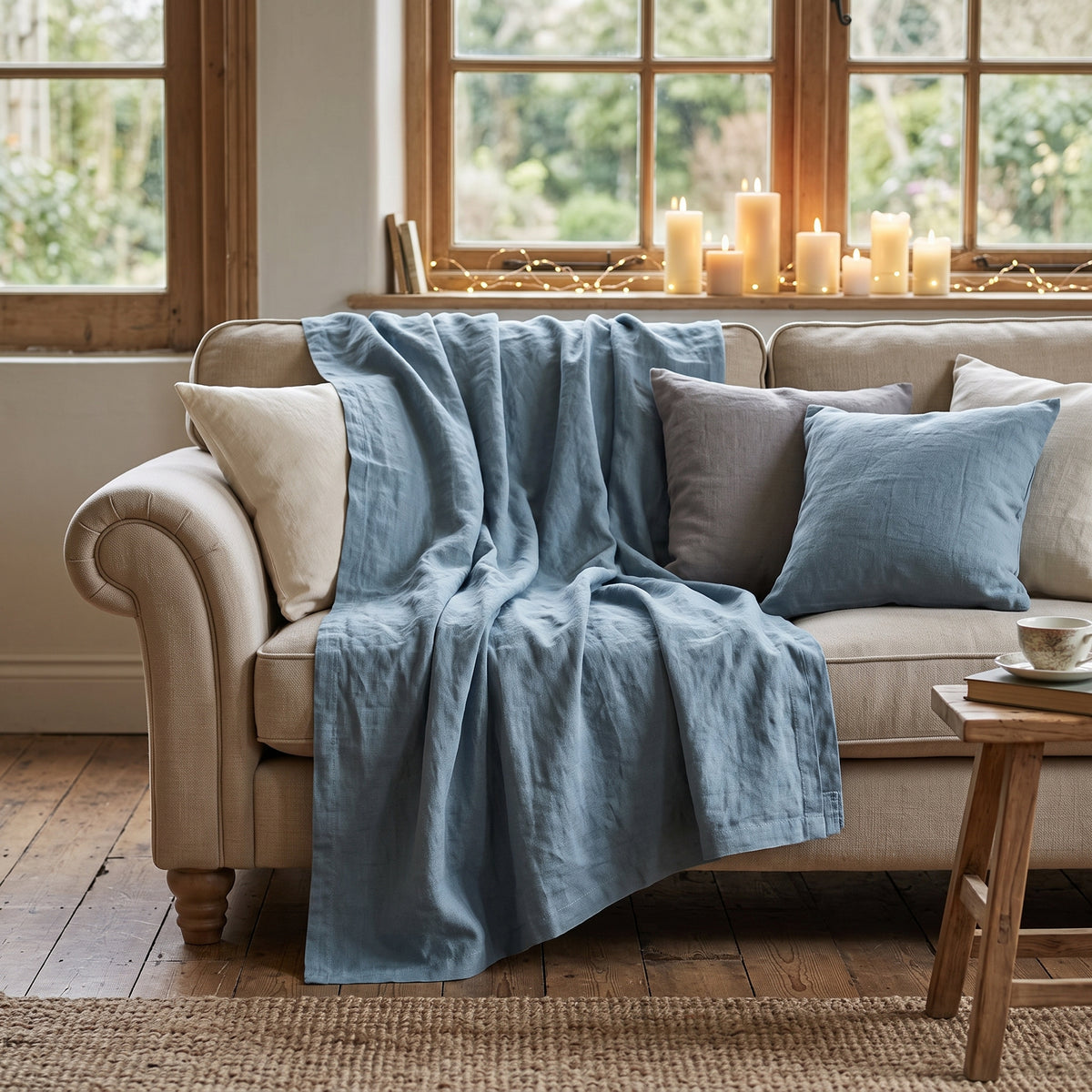 Der XXL-Überwurf in Azurblau auf einer beigen Couch im Wohnzimmer, das im Landhausstil gemütlich mit Kerzen dekoriert ist.