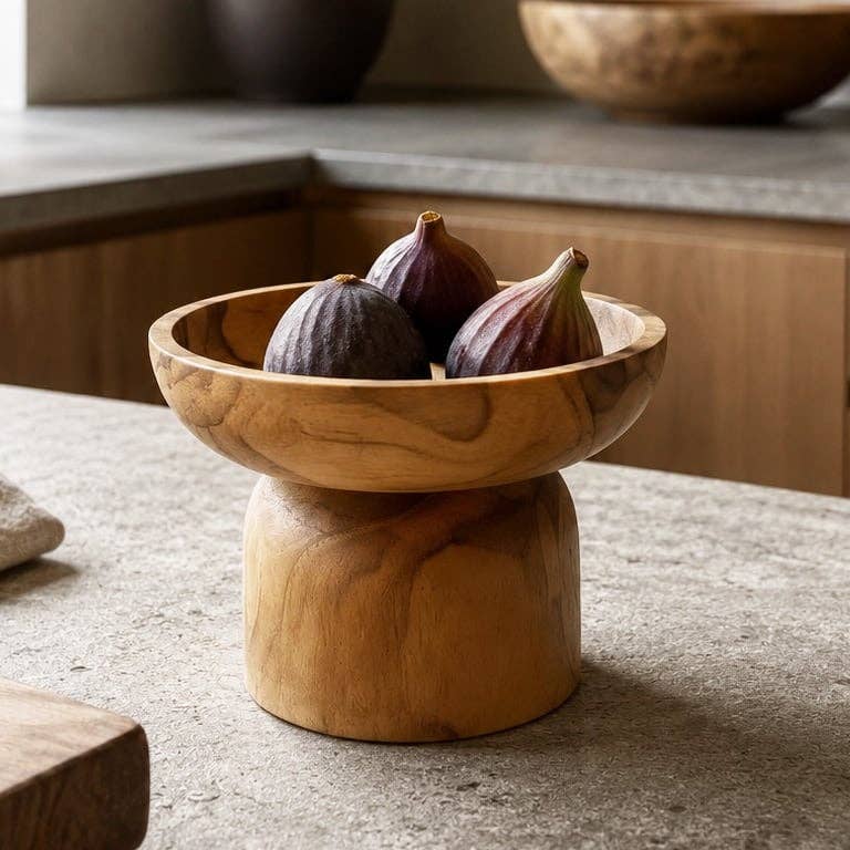 Die Teak-Servierschale gefüllt mit Feigen steht als Dekoration auf einer Arbeitsplatte aus Stein in der Küche.