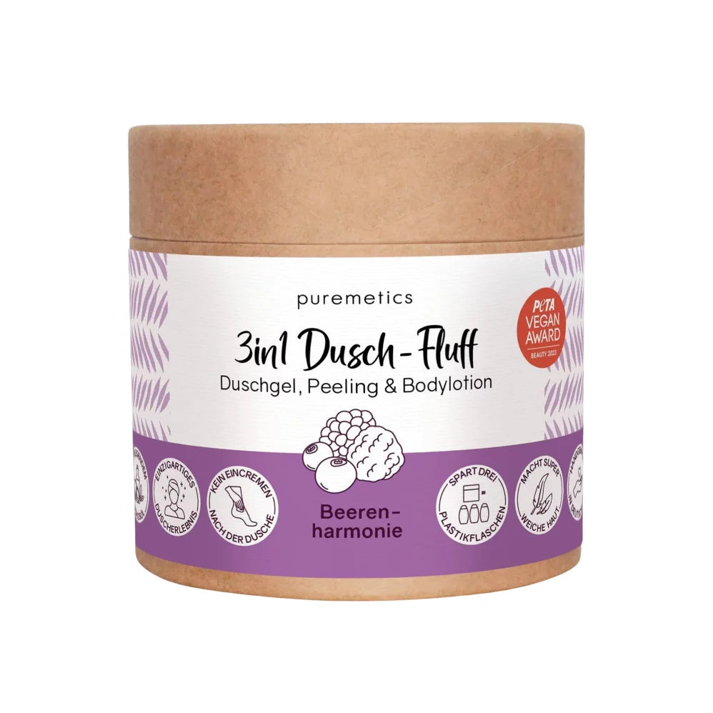 Luftig aufgeschlagenes 3-in-1 Duschfluff mit zartem Beerenduft (Duschgel, Peeling und Bodylotion) in einem umweltfreundlichen Tiegel von Dingeliebe.