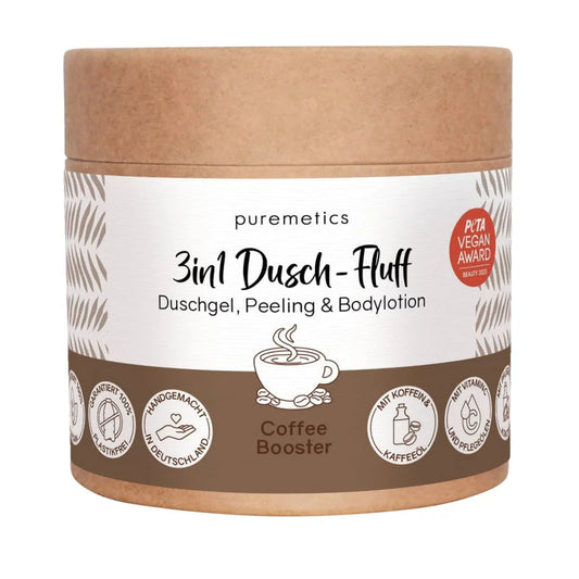 Cremiges, luftig aufgeschlagenes Dusch Fluff Coffee (3-in-1 Duschpeeling und Pflege) in einer umweltfreundlichen Verpackung von Dingeliebe.